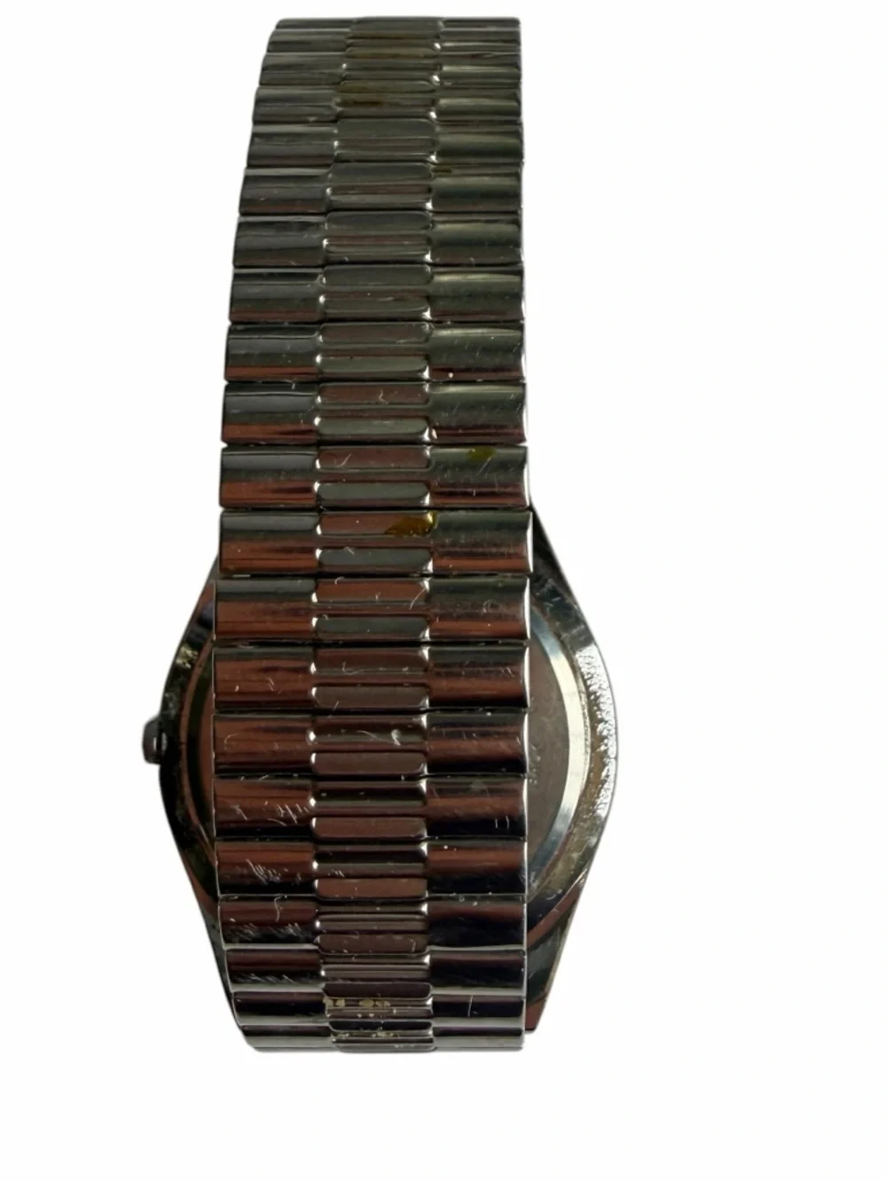 Vintage Pulsar Quartz Watch Day Date Silver Tone Stretch Band Needs Battery